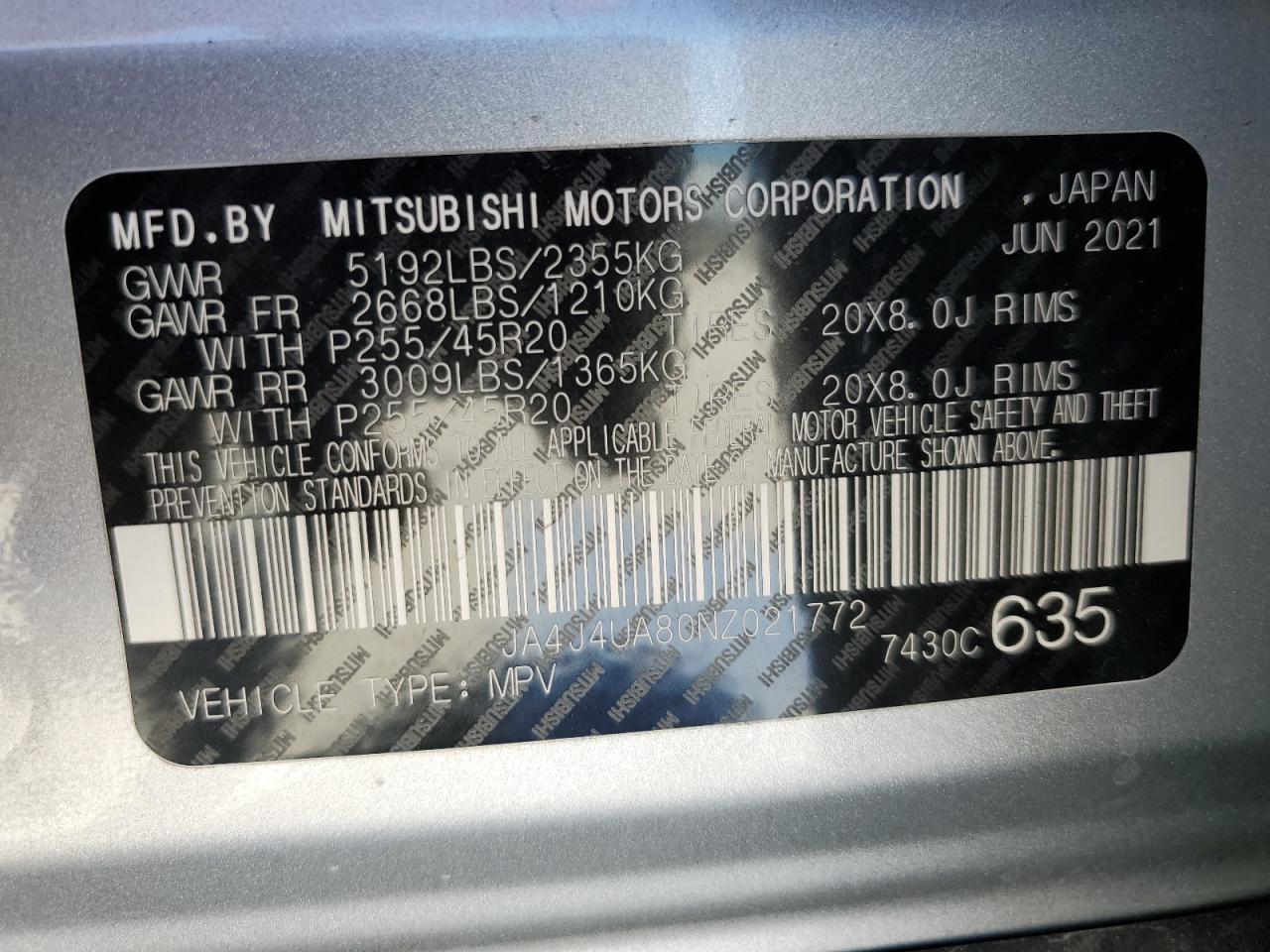 2022 Mitsubishi Outlander Se VIN: JA4J4UA80NZ021772 Lot: 73703984