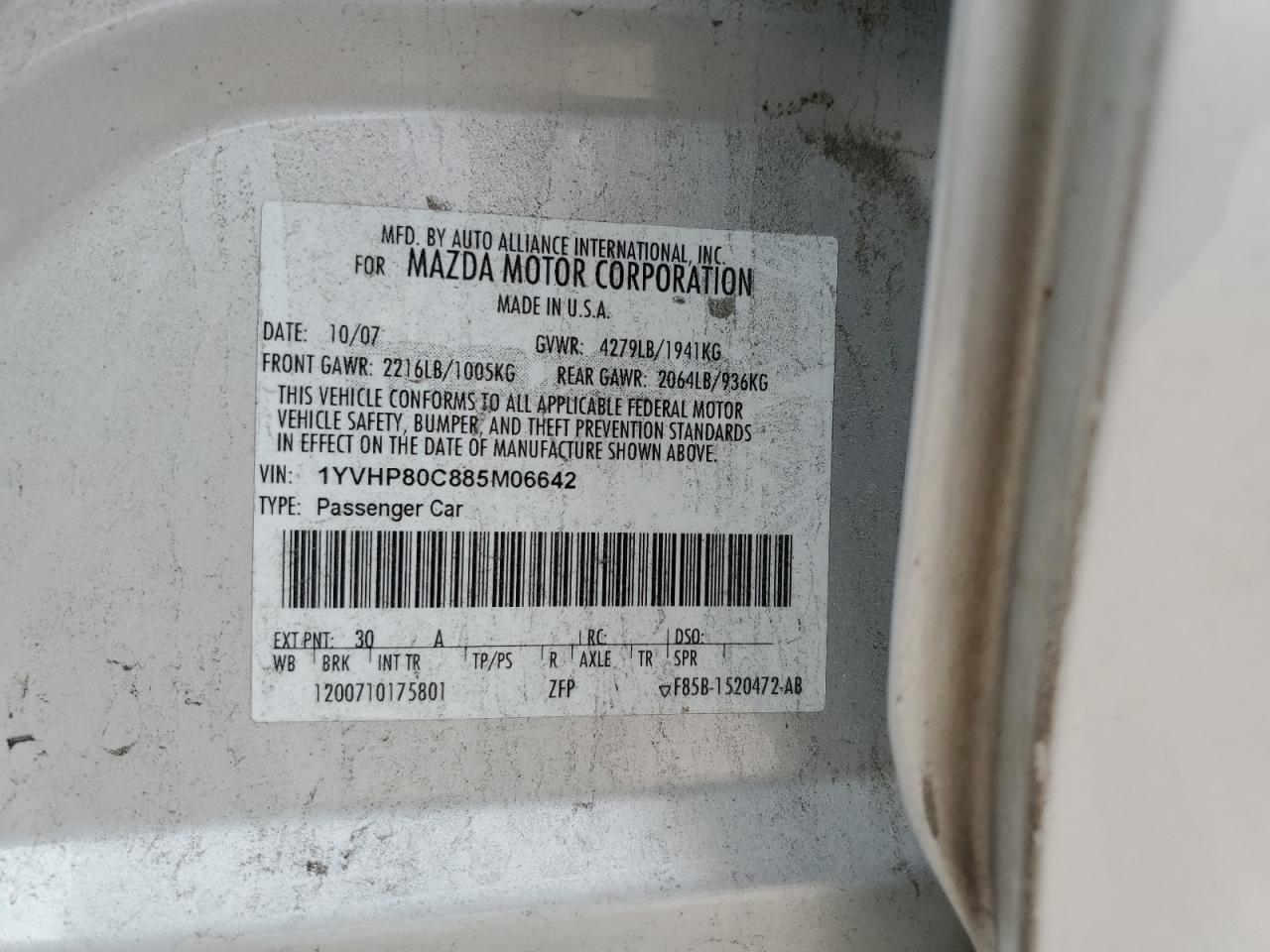 2008 Mazda 6 I VIN: 1YVHP80C885M06642 Lot: 58231425