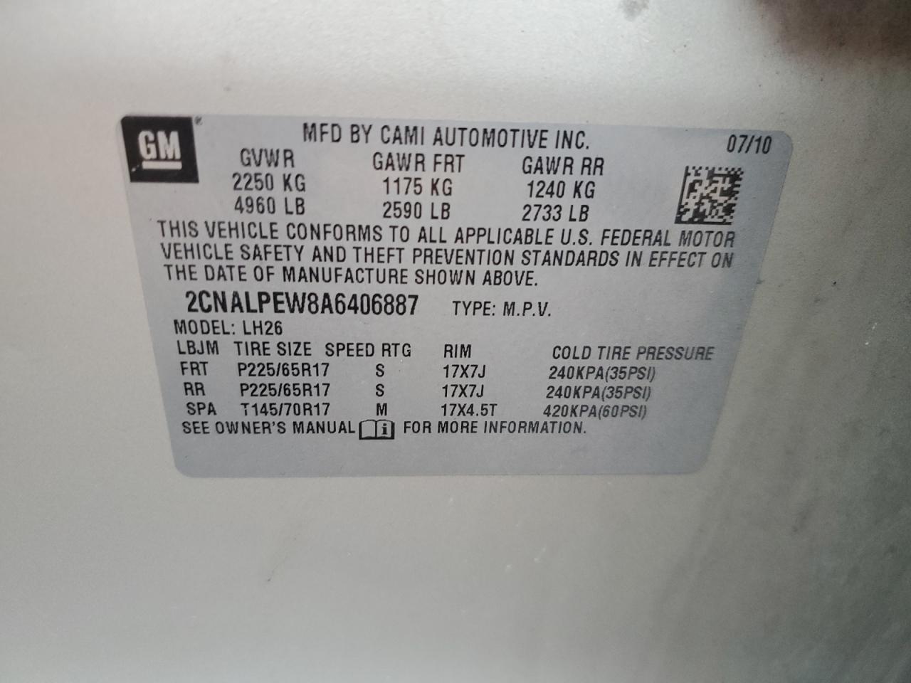 2CNALPEW8A6406887 2010 Chevrolet Equinox Lt