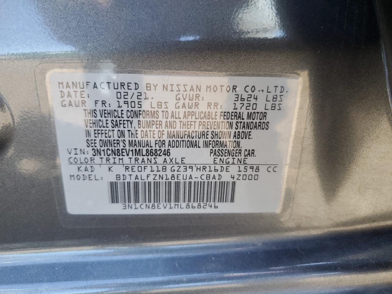 3N1CN8EV1ML868246 2021 Nissan Versa Sv