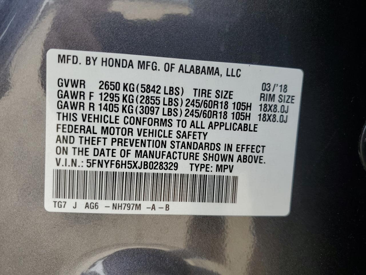 5FNYF6H5XJB028329 2018 Honda Pilot Exl