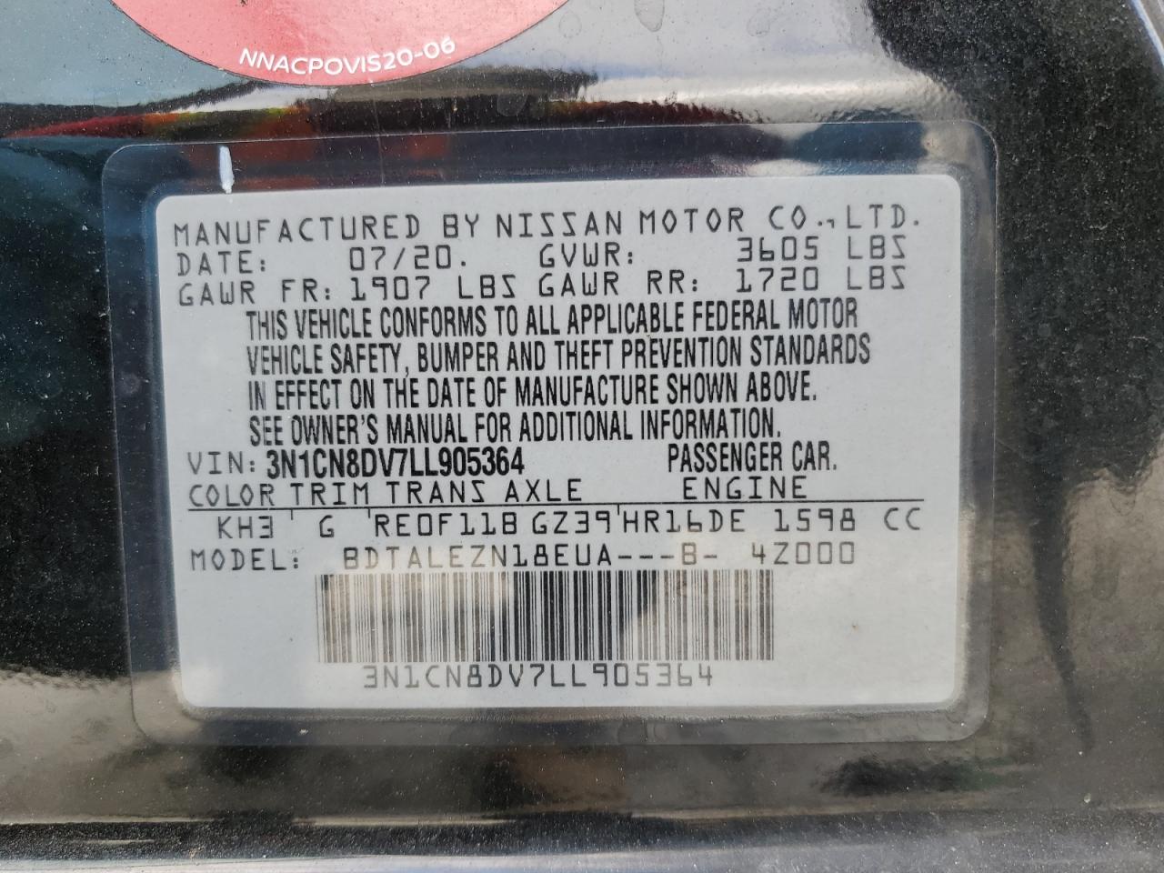 3N1CN8DV7LL905364 2020 Nissan Versa S