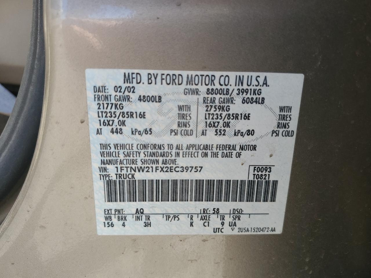 1FTNW21FX2EC39757 2002 Ford F250 Super Duty