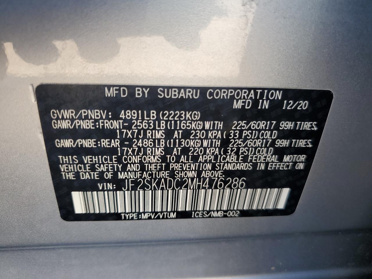 2021 Subaru Forester VIN: JF2SKADC2MH476286 Lot: 69829784