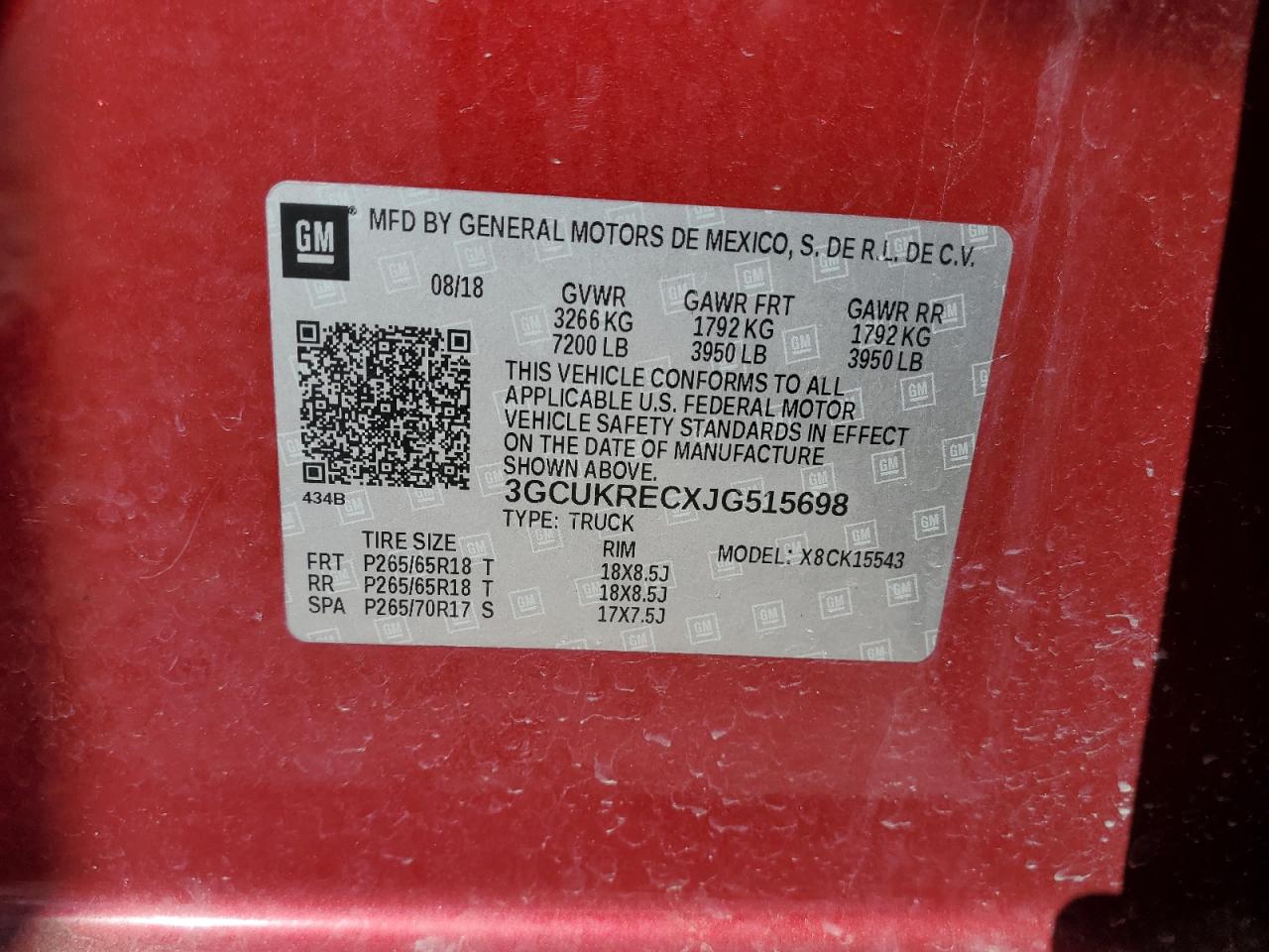 3GCUKRECXJG515698 2018 Chevrolet Silverado K1500 Lt