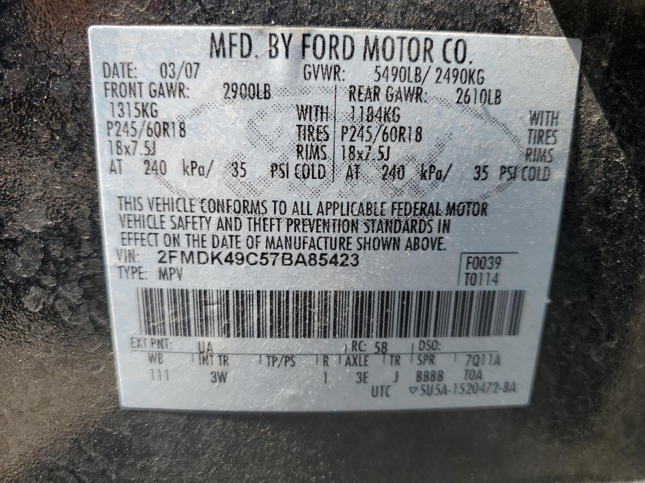 2FMDK49C57BA85423 2007 Ford Edge Sel Plus