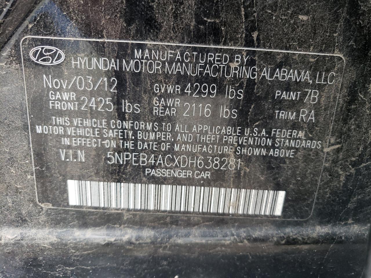 5NPEB4ACXDH638281 2013 Hyundai Sonata Gls