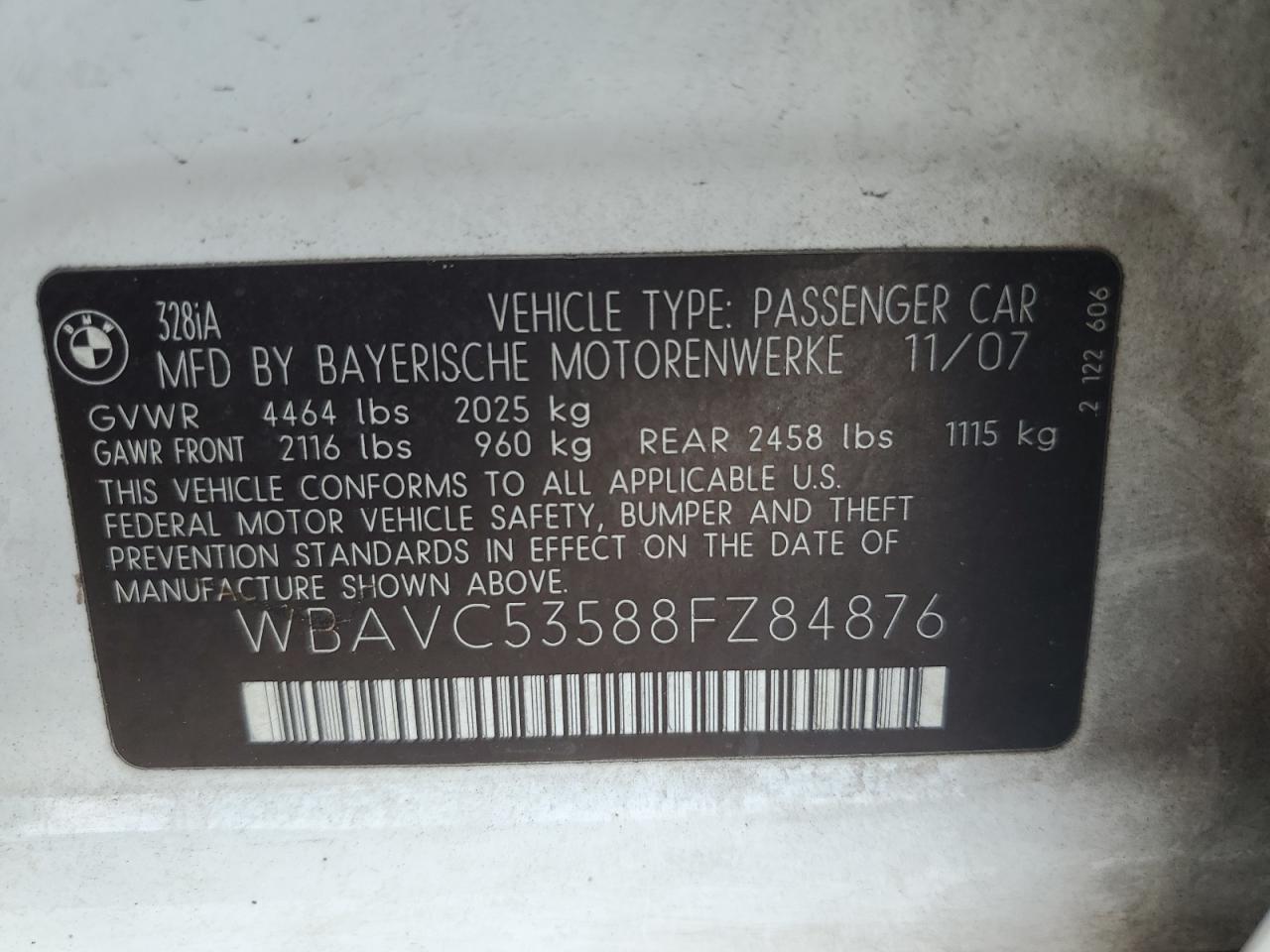 WBAVC53588FZ84876 2008 BMW 328 I Sulev