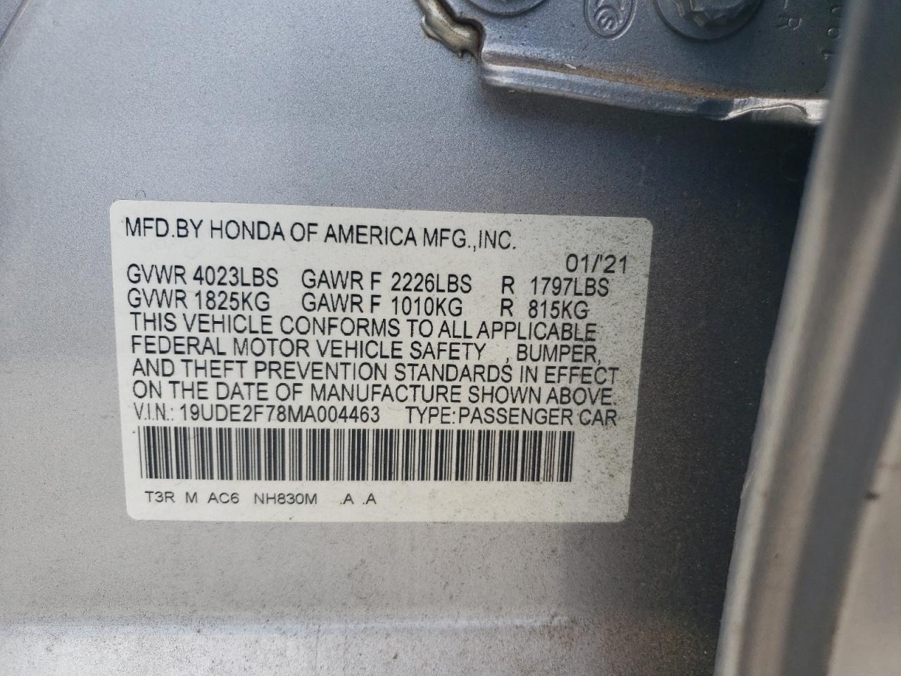 19UDE2F78MA004463 2021 Acura Ilx Premium