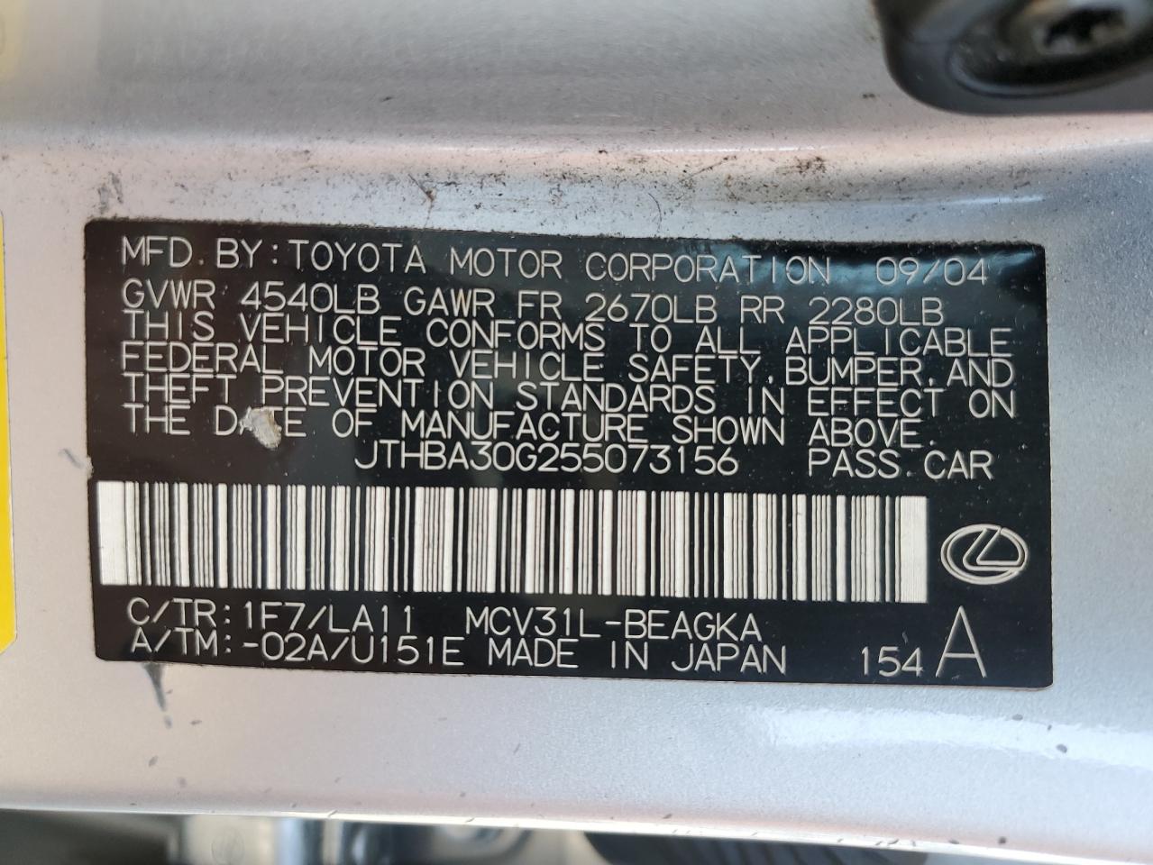 JTHBA30G255073156 2005 Lexus Es 330