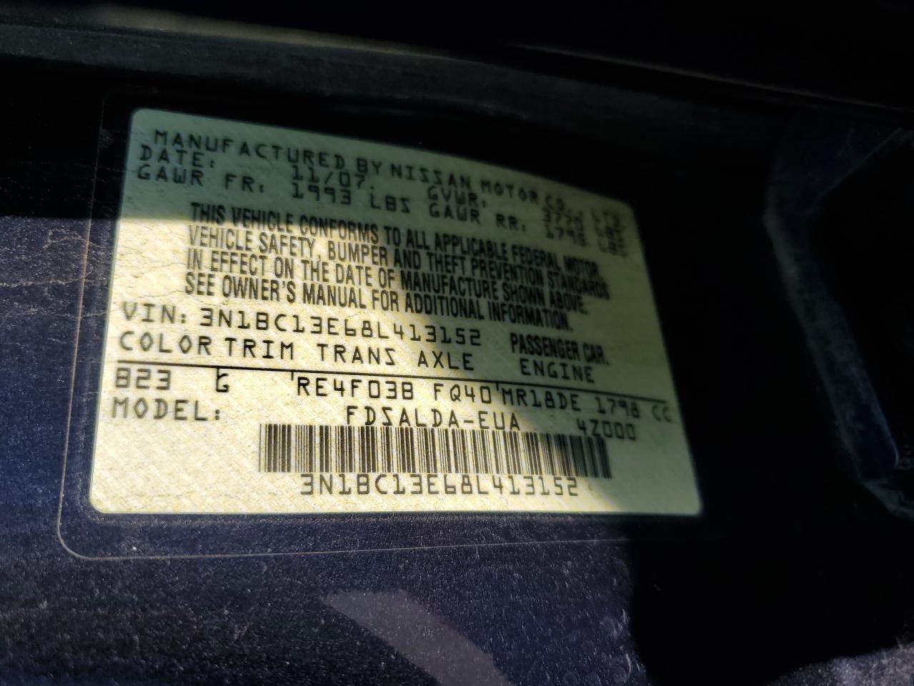 3N1BC13E68L413152 2008 Nissan Versa S