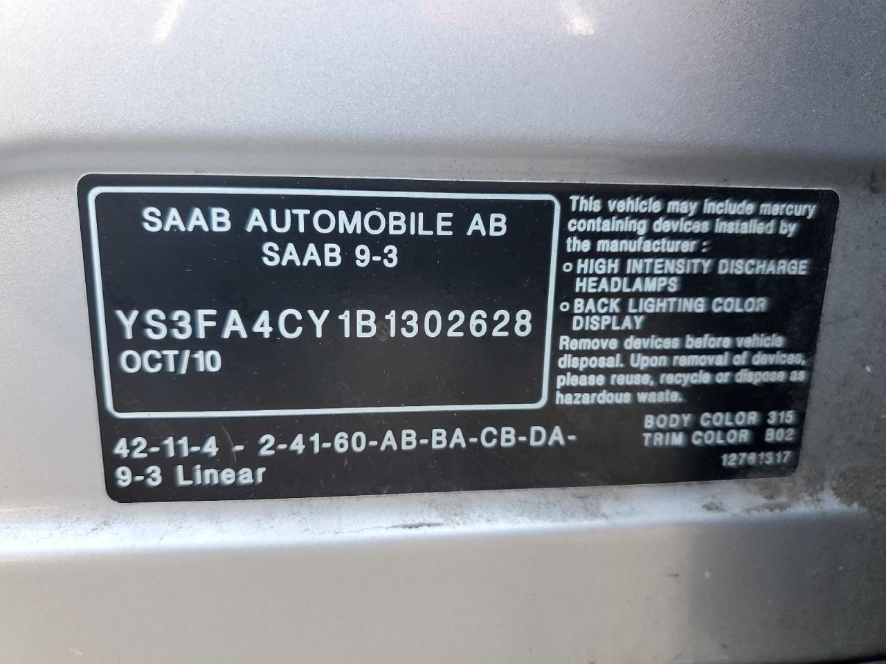 YS3FA4CY1B1302628 2011 Saab 9-3 2.0T