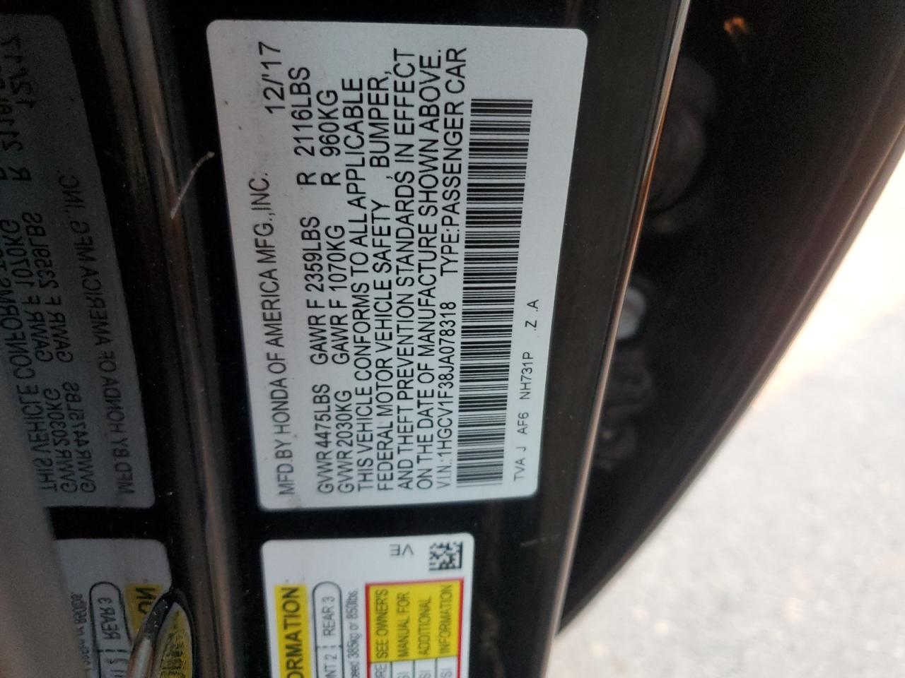 1HGCV1F38JA078318 2018 Honda Accord Sport