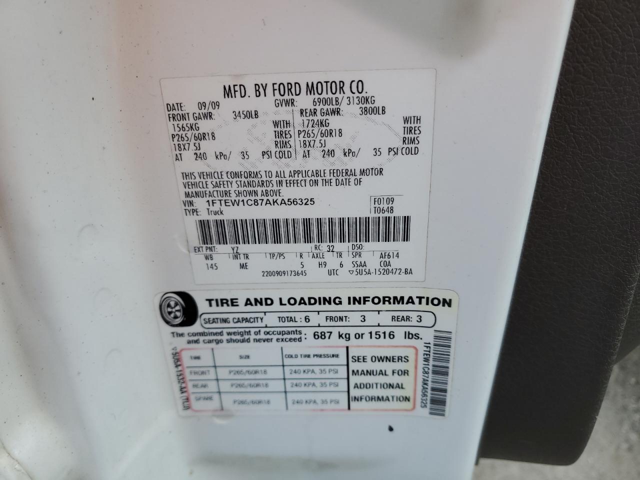 2010 Ford F150 Supercrew VIN: 1FTEW1C87AKA56325 Lot: 71110494