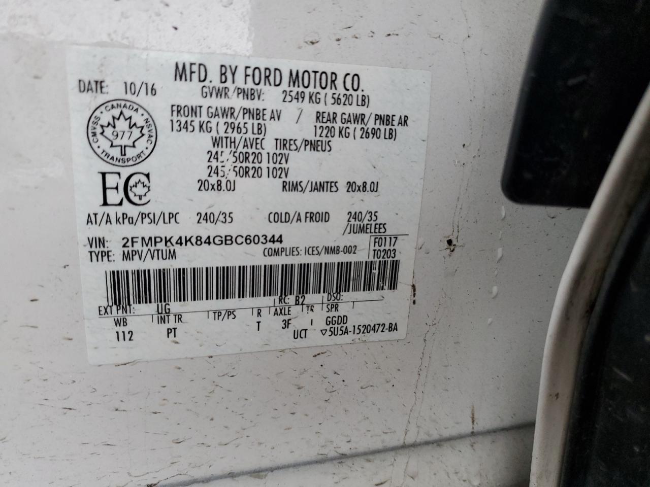 2FMPK4K84GBC60344 2016 FORD EDGE - Image 12