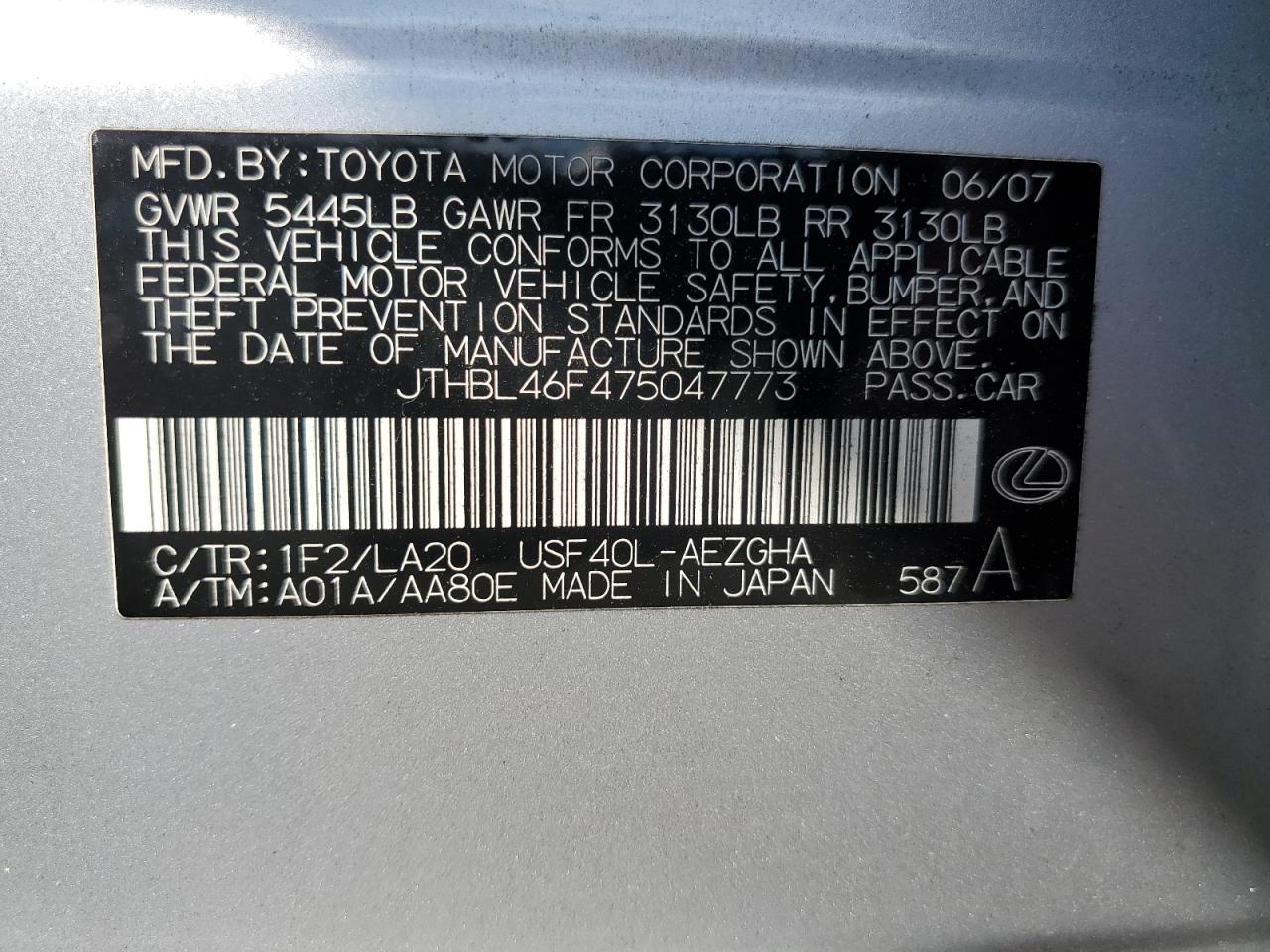 JTHBL46F475047773 2007 Lexus Ls 460