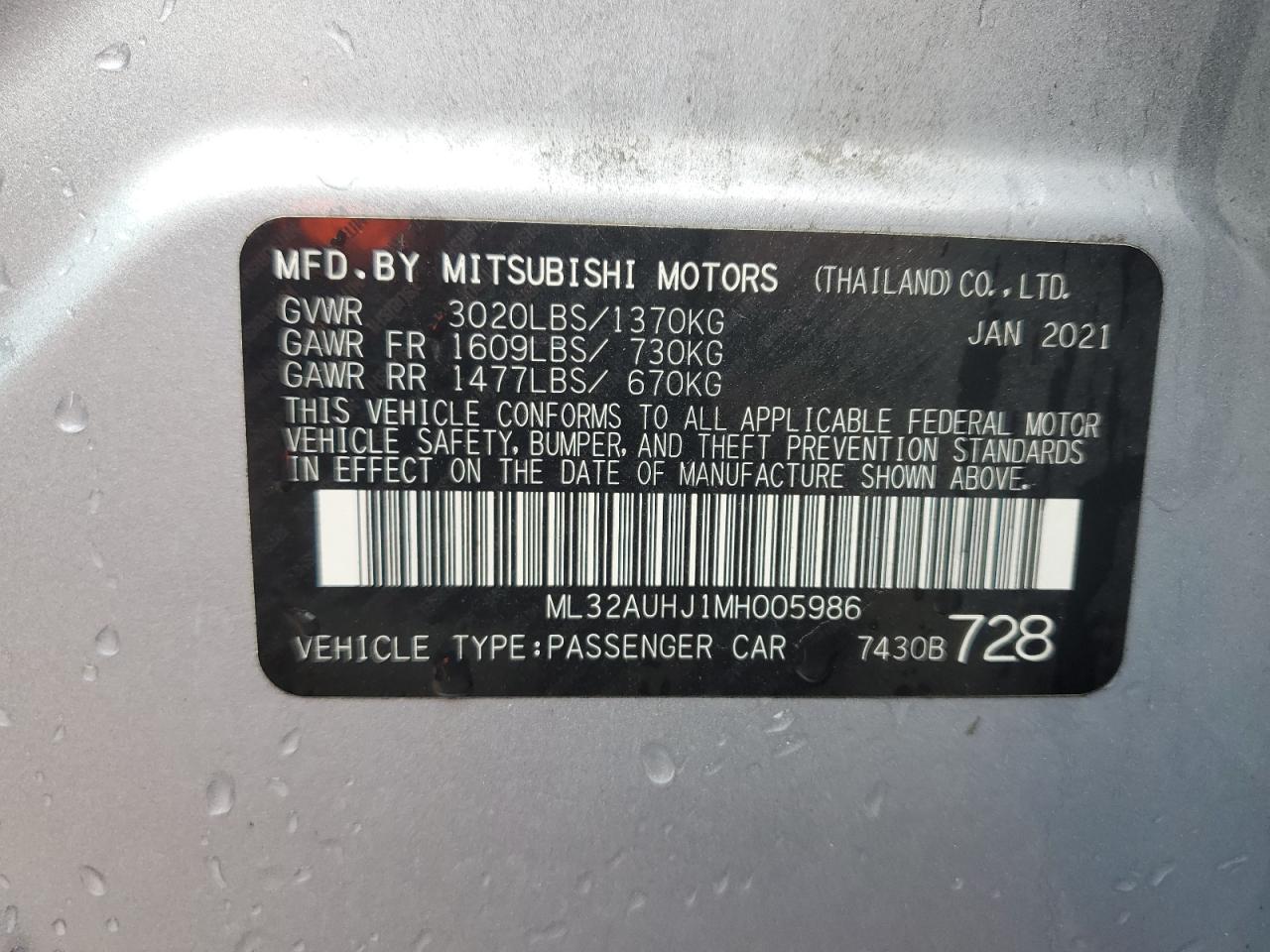 ML32AUHJ1MH005986 2021 Mitsubishi Mirage Es