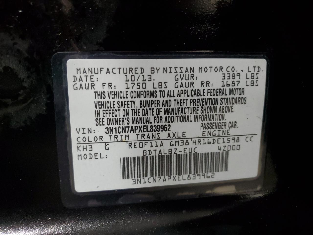 VIN 3N1CN7APXEL839962 2014 NISSAN VERSA no.13