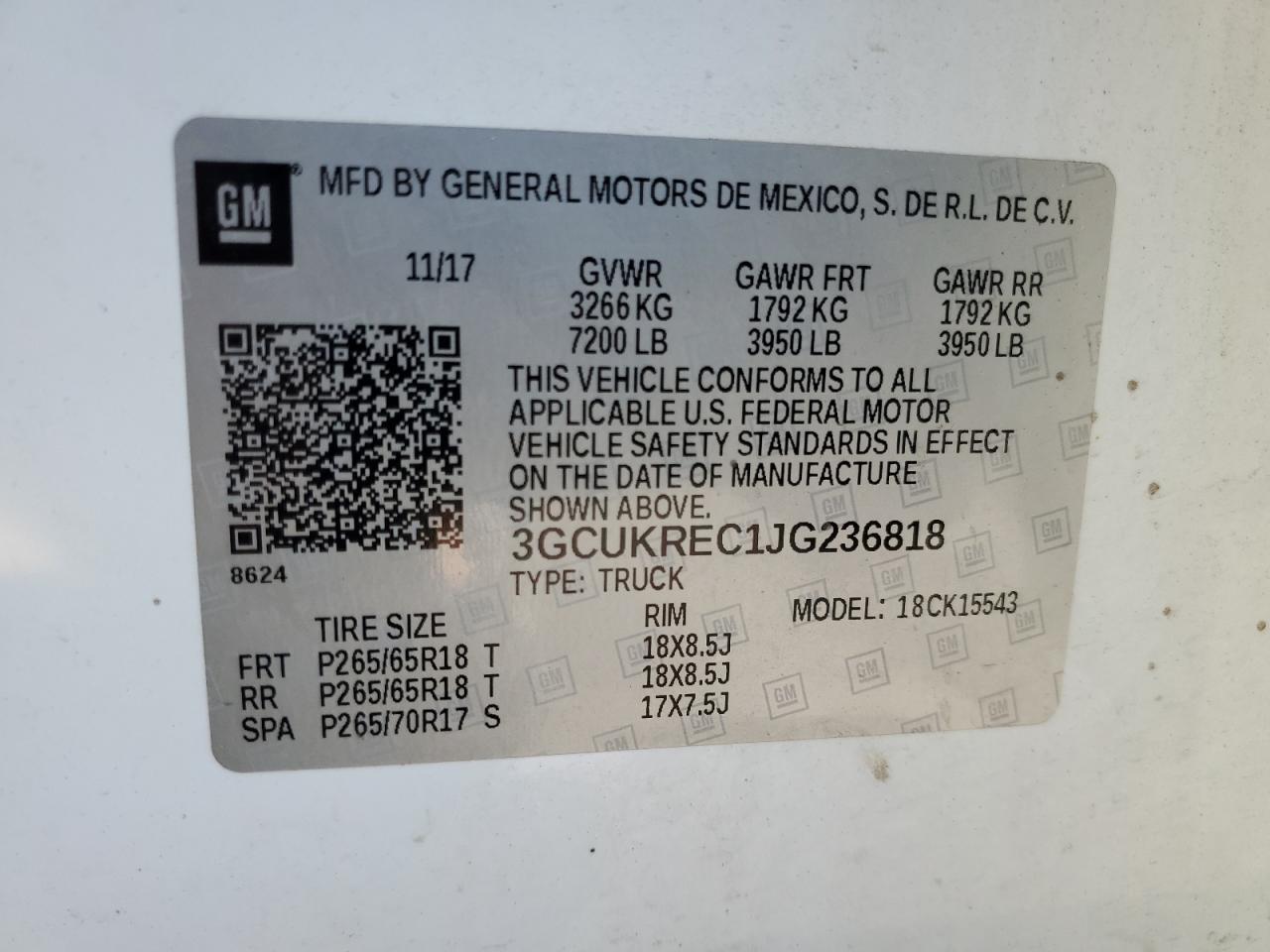 3GCUKREC1JG236818 2018 Chevrolet Silverado K1500 Lt