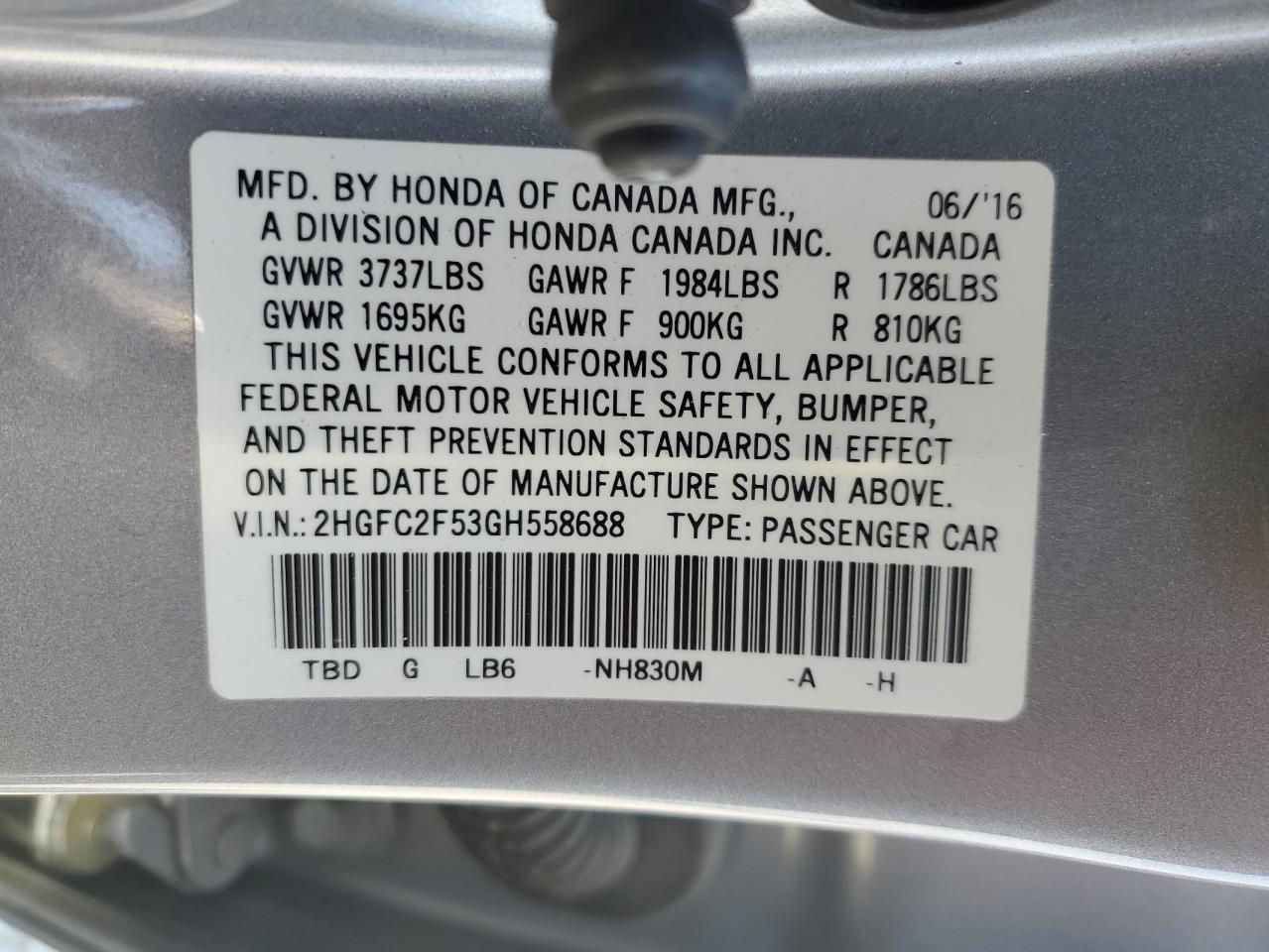 2HGFC2F53GH558688 2016 Honda Civic Lx