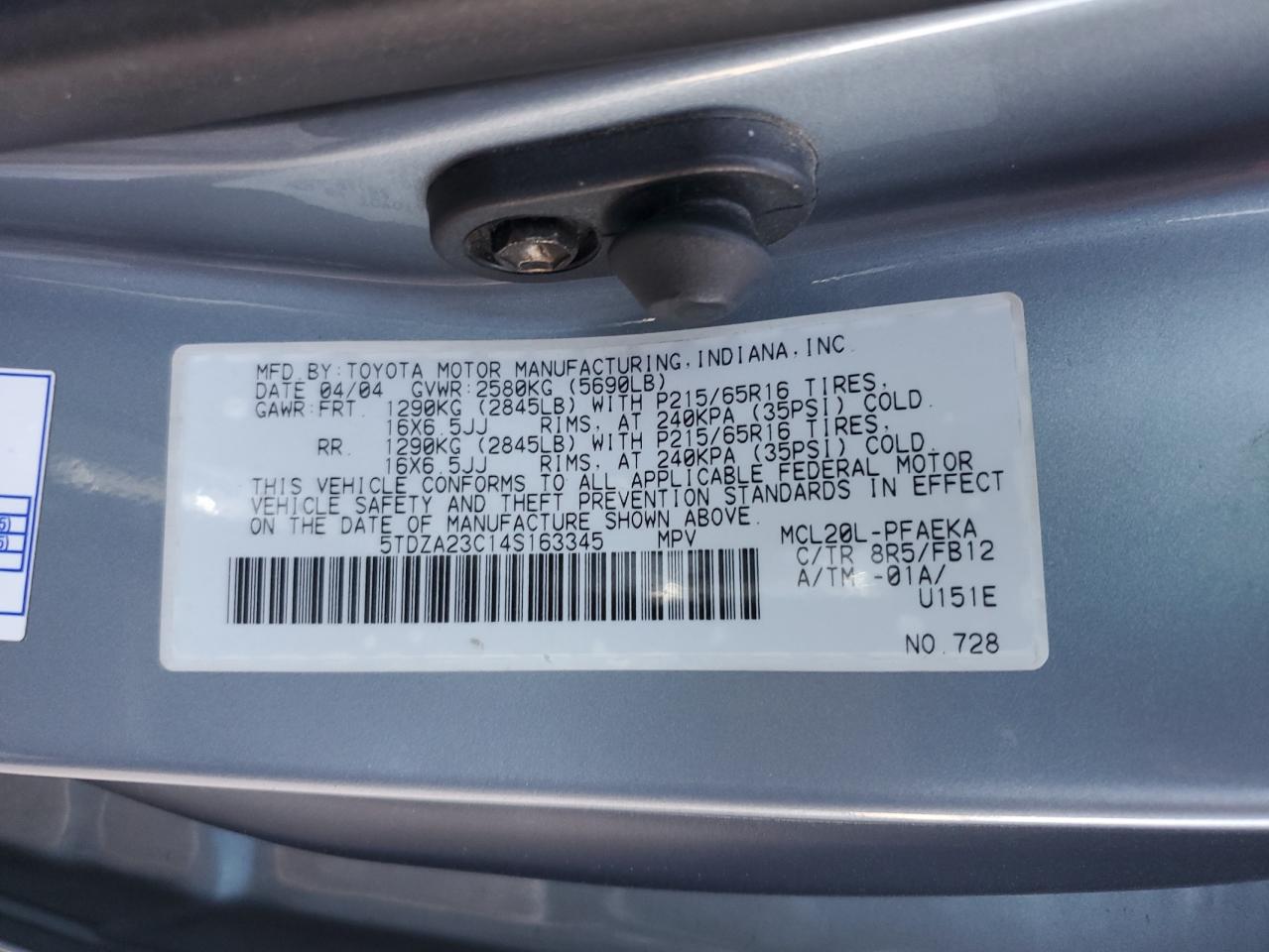 5TDZA23C14S163345 2004 Toyota Sienna Ce