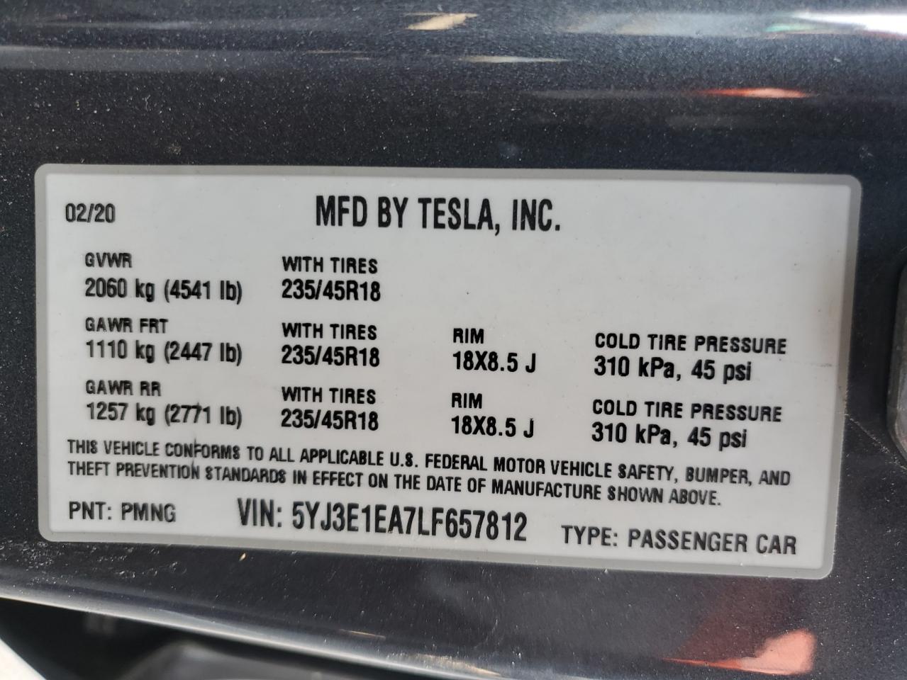 5YJ3E1EA7LF657812 2020 Tesla Model 3