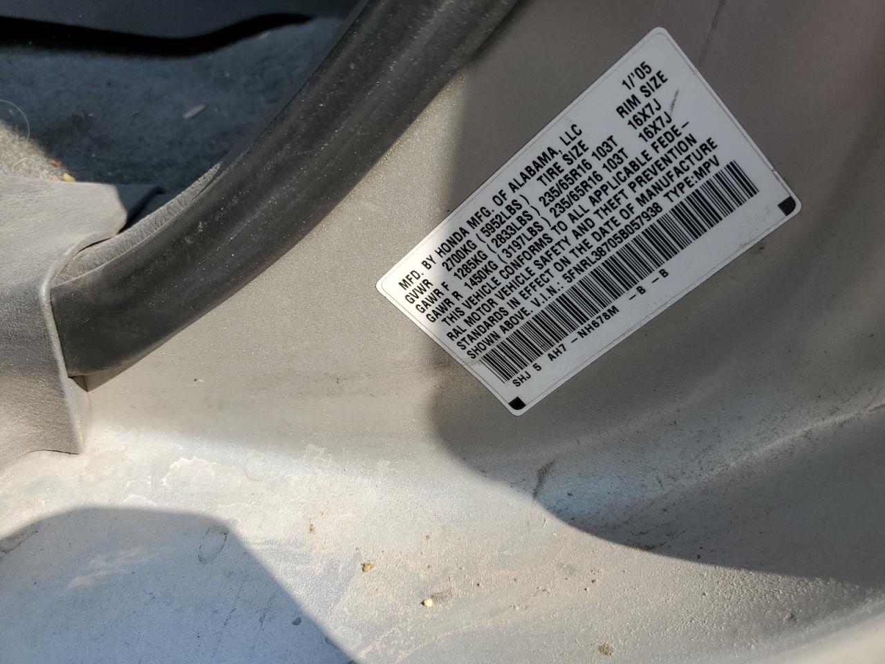 5FNRL38705B057938 2005 Honda Odyssey Exl