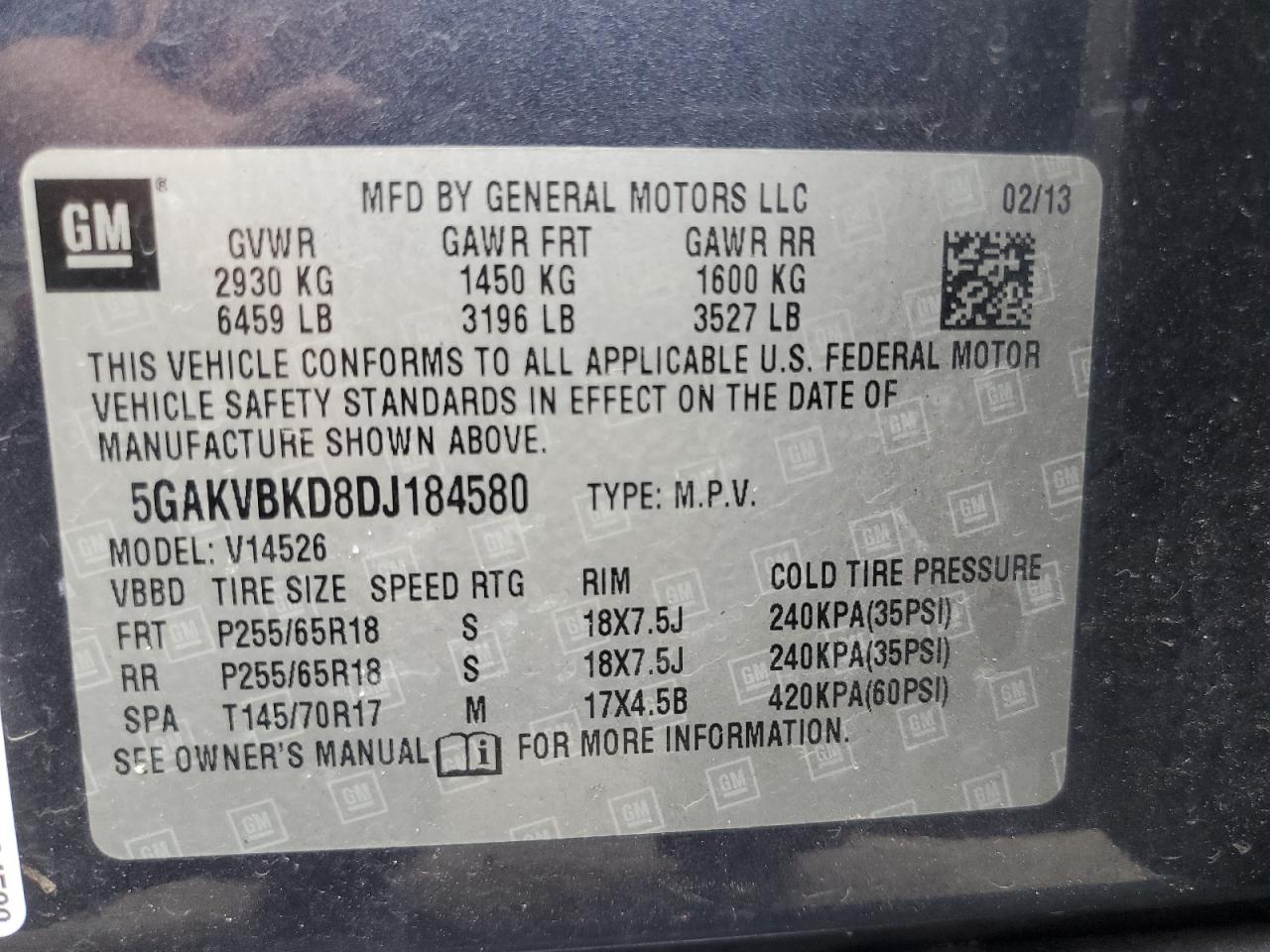 5GAKVBKD8DJ184580 2013 Buick Enclave