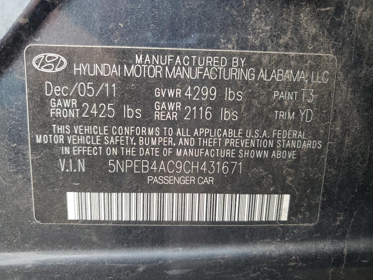 5NPEB4AC9CH431671 2012 Hyundai Sonata Gls