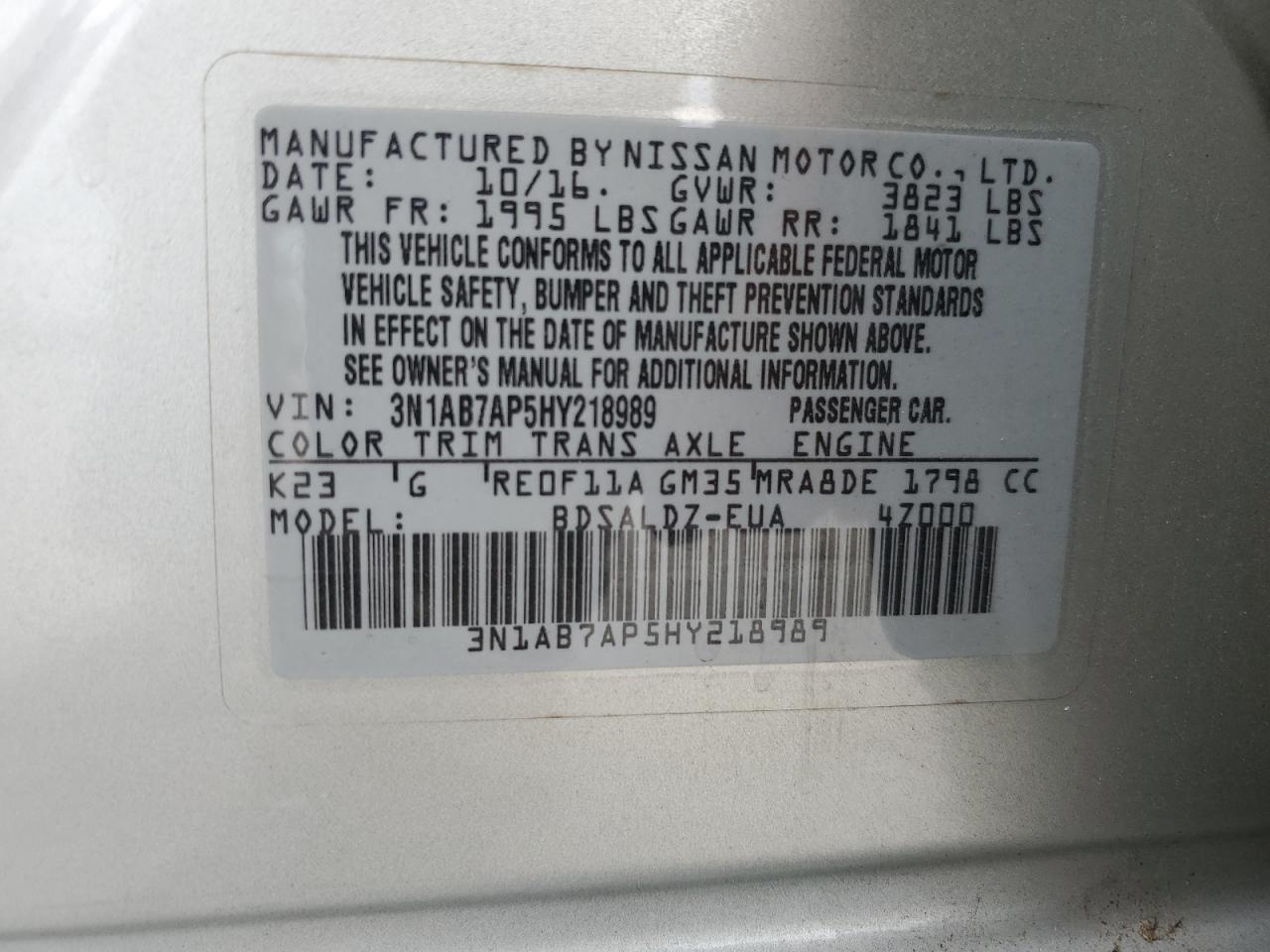 3N1AB7AP5HY218989 2017 Nissan Sentra S