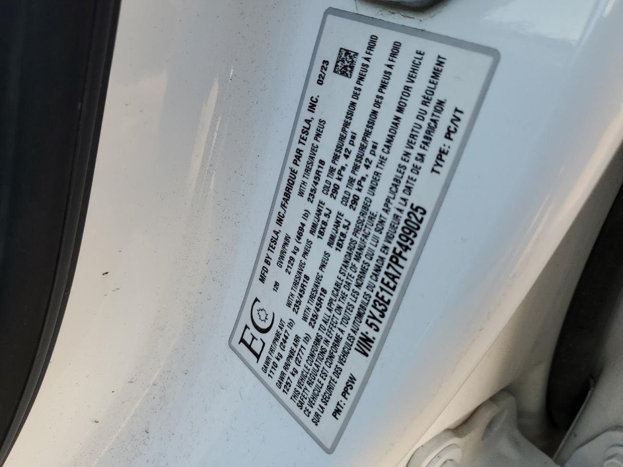 5YJ3E1EA7PF499025 2023 Tesla Model 3