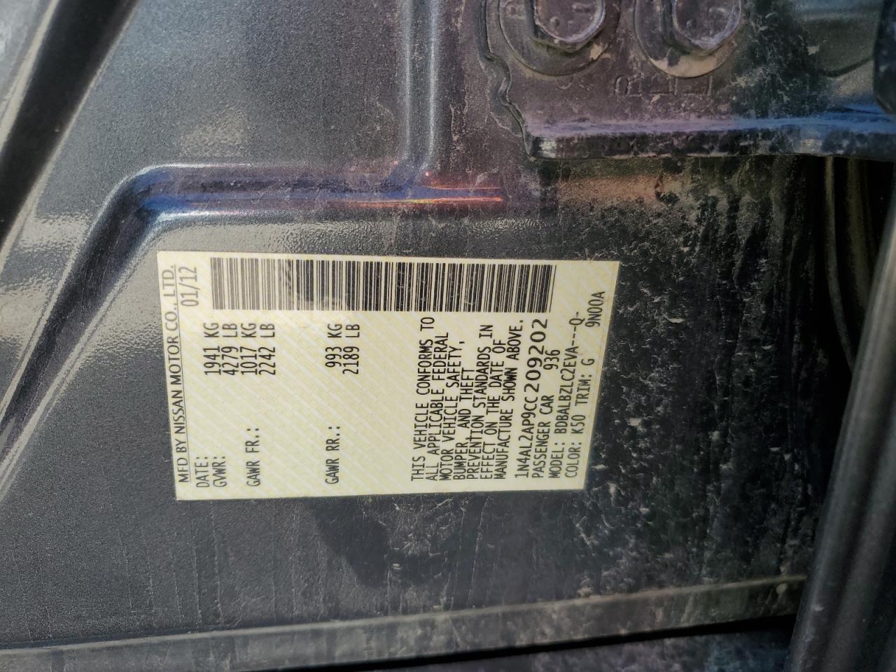 1N4AL2AP9CC209202 2012 Nissan Altima Base