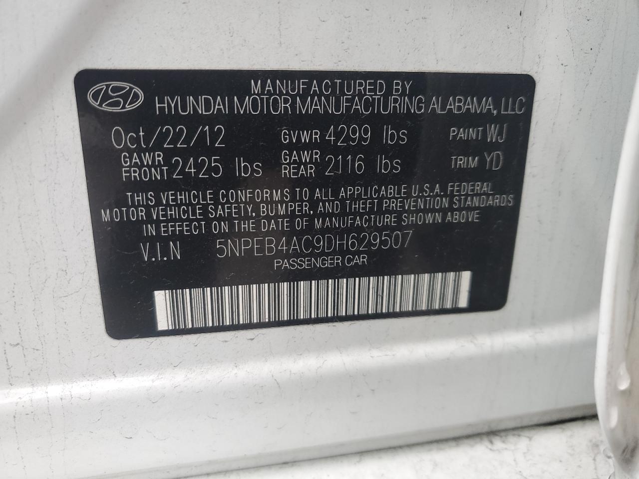 2013 Hyundai Sonata Gls VIN: 5NPEB4AC9DH629507 Lot: 72624824