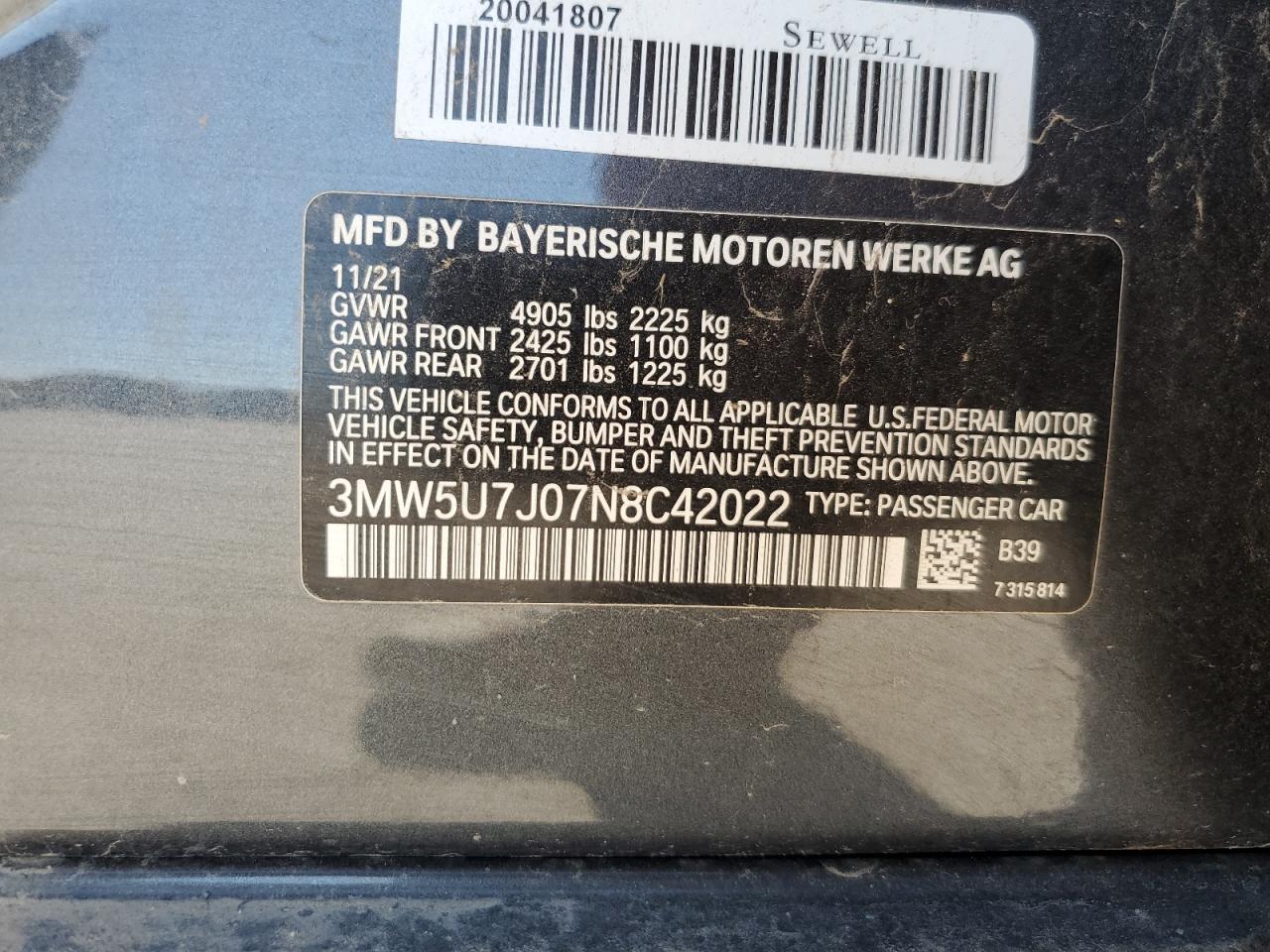 2022 BMW M340I VIN: 3MW5U7J07N8C42022 Lot: 70866414