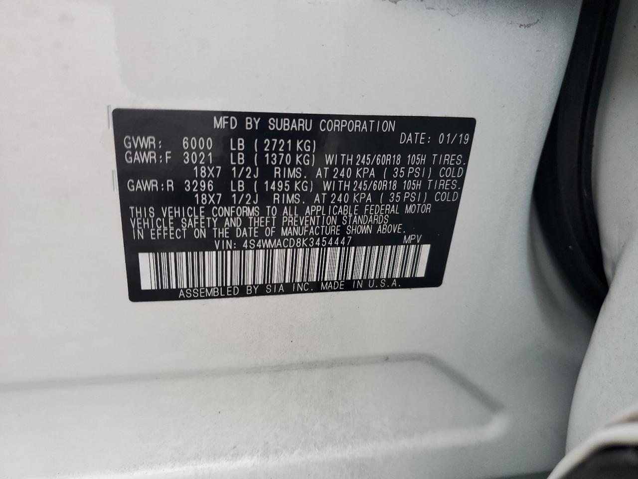 4S4WMACD8K3454447 2019 Subaru Ascent Premium