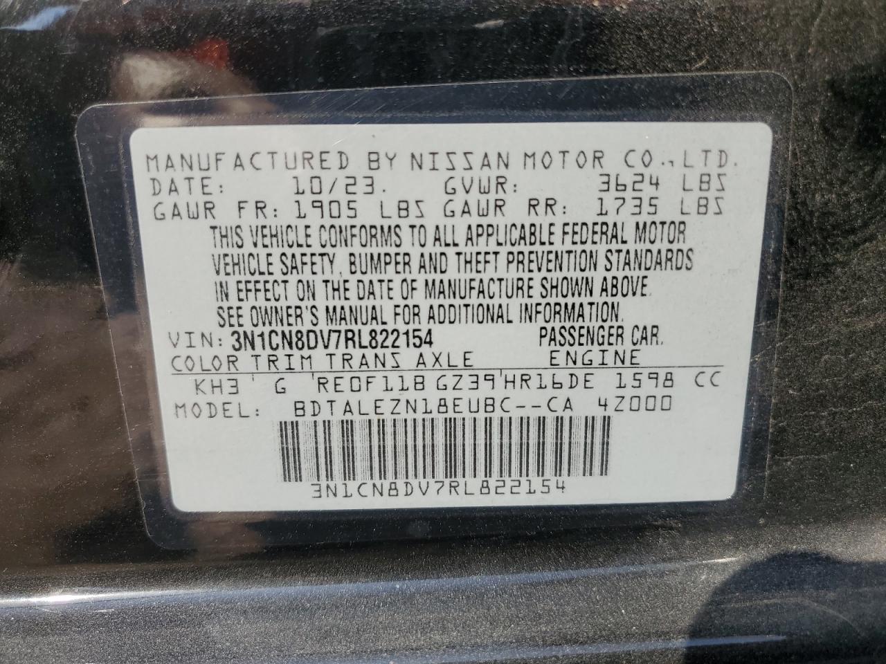 2024 Nissan Versa S VIN: 3N1CN8DV7RL822154 Lot: 71357874