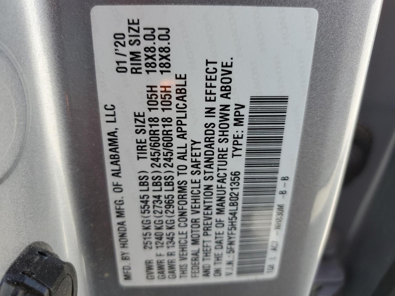 5FNYF5H54LB021356 2020 Honda Pilot Exl