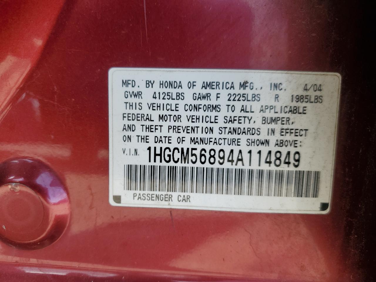 1HGCM56894A114849 2004 Honda Accord Ex