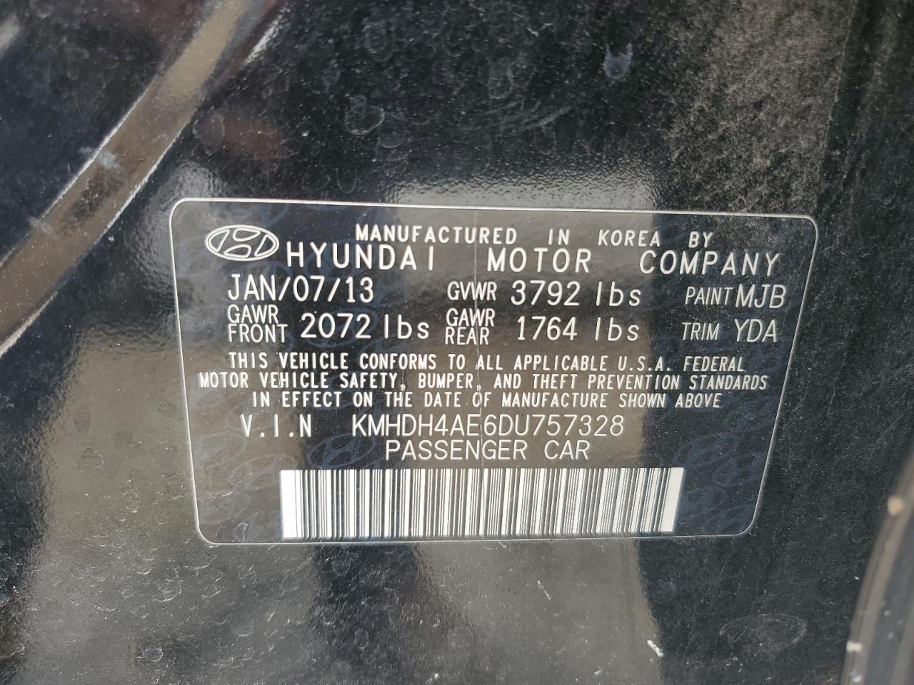2013 Hyundai Elantra Gls VIN: KMHDH4AE6DU757328 Lot: 90569055