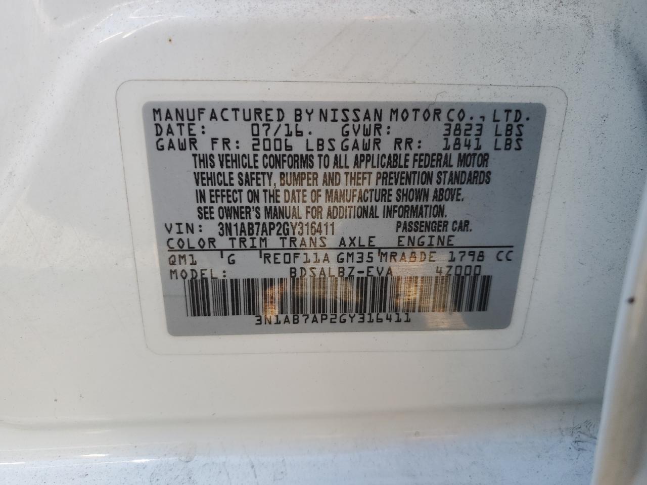 3N1AB7AP2GY316411 2016 Nissan Sentra S