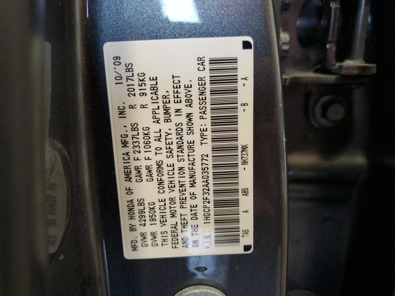 1HGCP2F32AA035772 2010 Honda Accord Lx