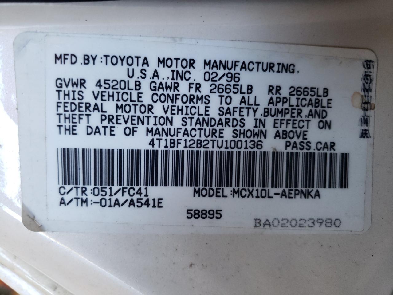 1996 Toyota Avalon Xl VIN: 4T1BF12B2TU100136 Lot: 71645264