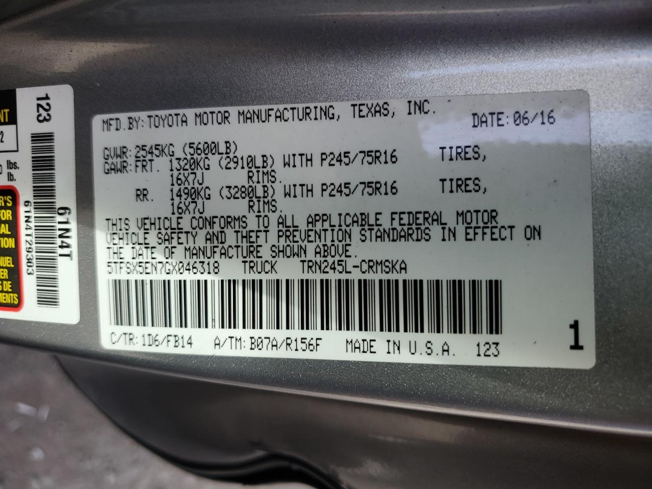 2016 Toyota Tacoma Access Cab VIN: 5TFSX5EN7GX046318 Lot: 72288284
