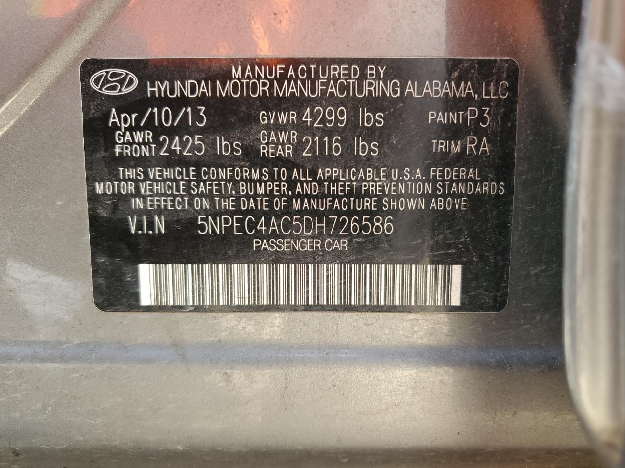 2013 Hyundai Sonata Se VIN: 5NPEC4AC5DH726586 Lot: 73677964