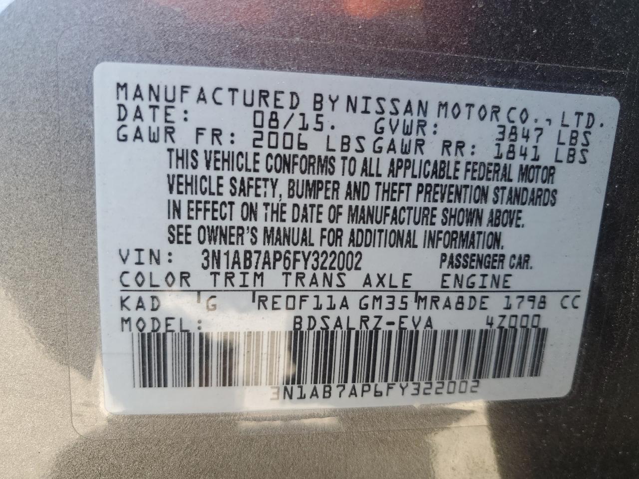 3N1AB7AP6FY322002 2015 Nissan Sentra S