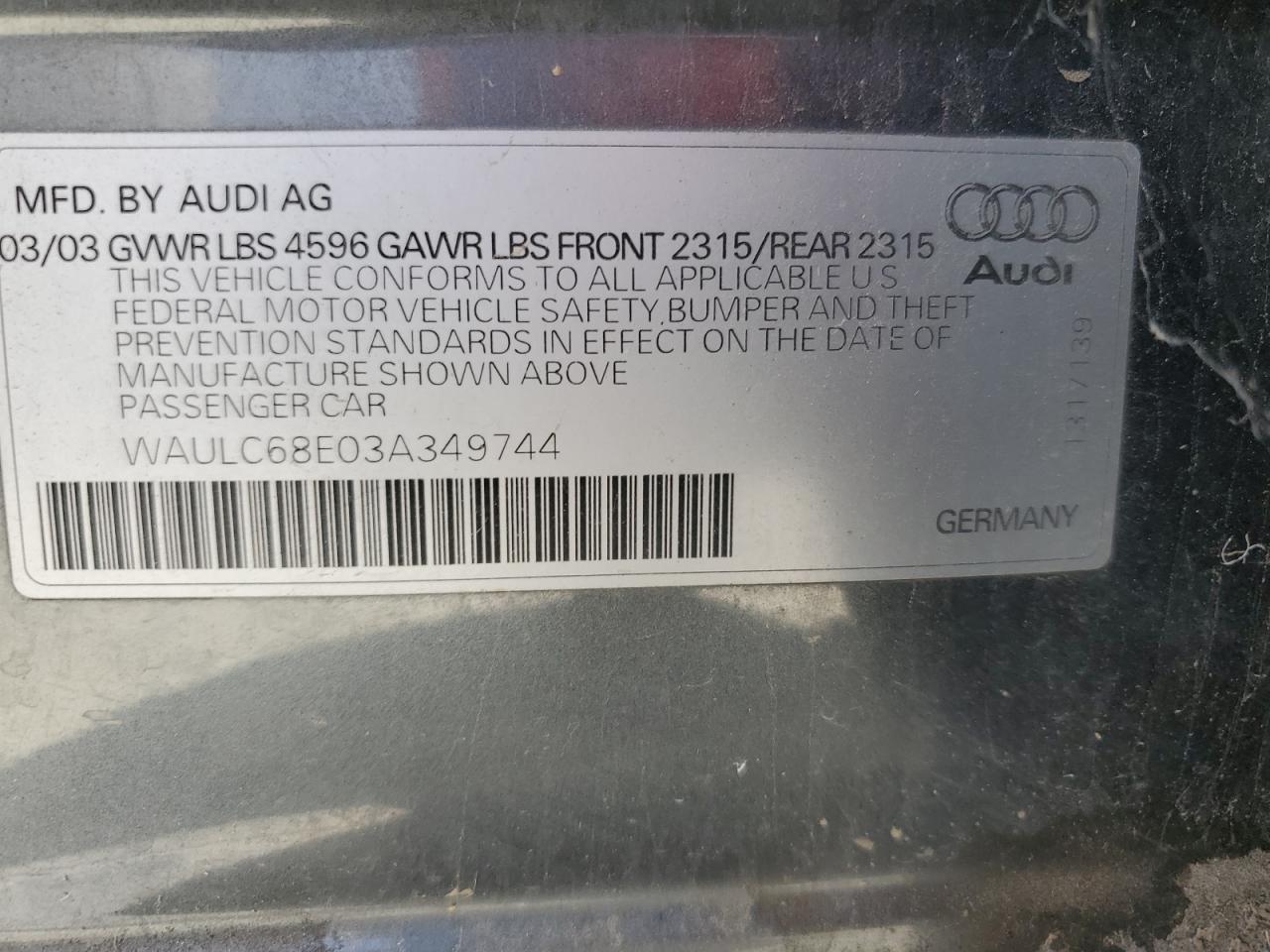 WAULC68E03A349744 2003 Audi A4 1.8T Quattro