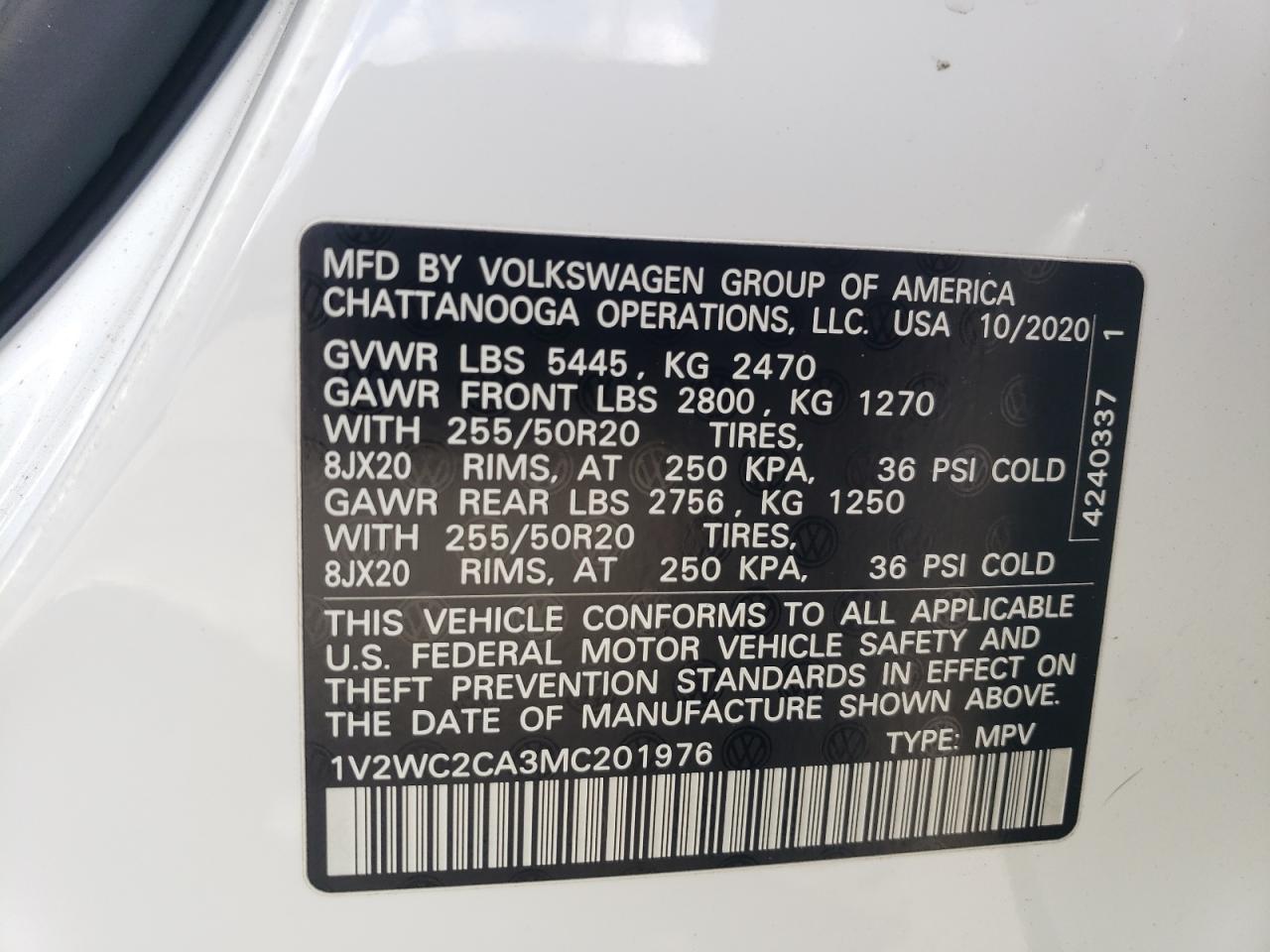 2021 Volkswagen Atlas Cross Sport Se VIN: 1V2WC2CA3MC201976 Lot: 71682634