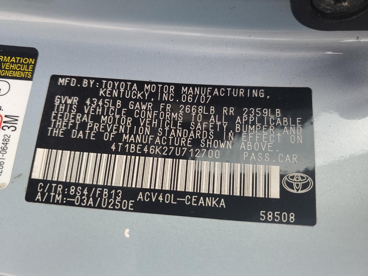 4T1BE46K27U712700 2007 Toyota Camry Ce