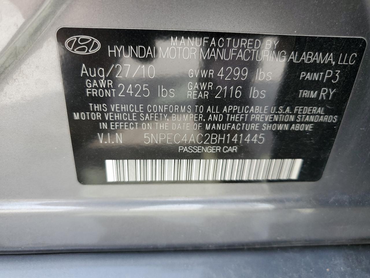 5NPEC4AC2BH141445 2011 Hyundai Sonata Se