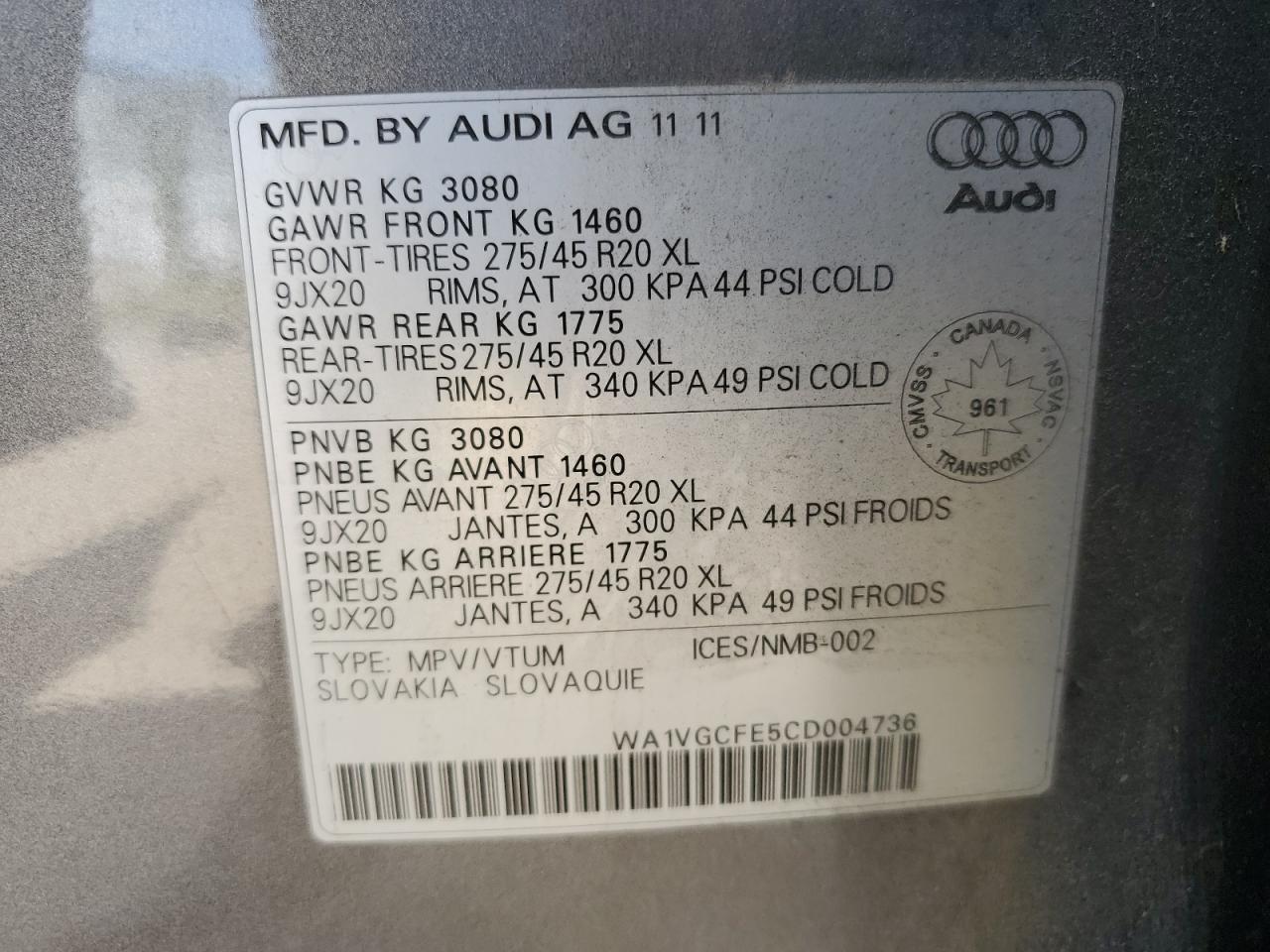 WA1VGCFE5CD004736 2012 Audi Q7 Prestige